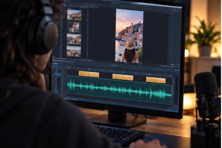 Video TikTok con voce, caption e scene AI durante il finishing