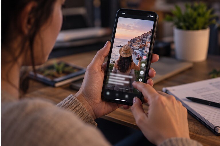 Creator che controlla un TikTok AI su smartphone prima della pubblicazione