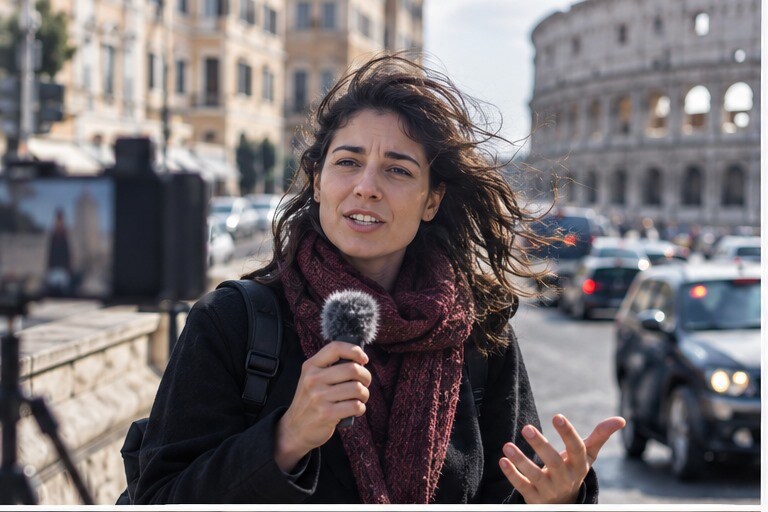 Creator italiano che registra un vlog in strada con microfono e rumore ambientale