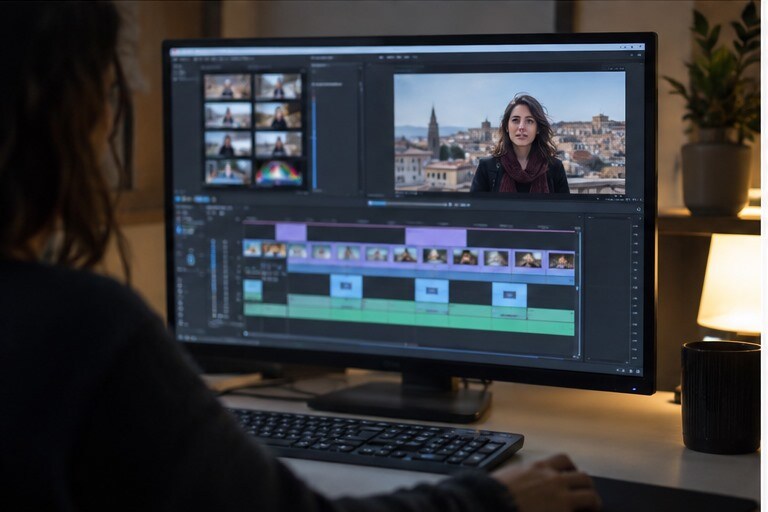 Timeline video con voce pulita, musica bassa e sottotitoli in montaggio
