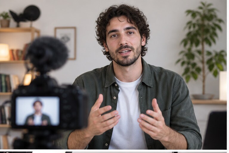 Creator che registra un video con luce controllata per rimuovere lo sfondo