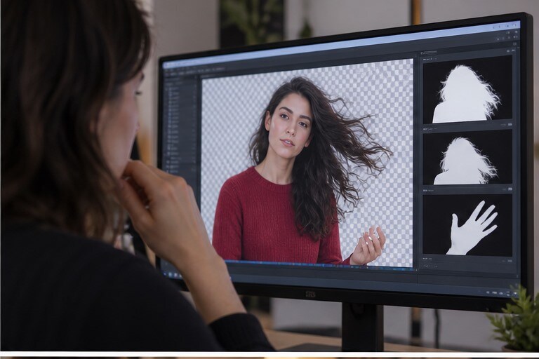 Persona isolata da uno sfondo reale mentre l'editor controlla capelli e mani