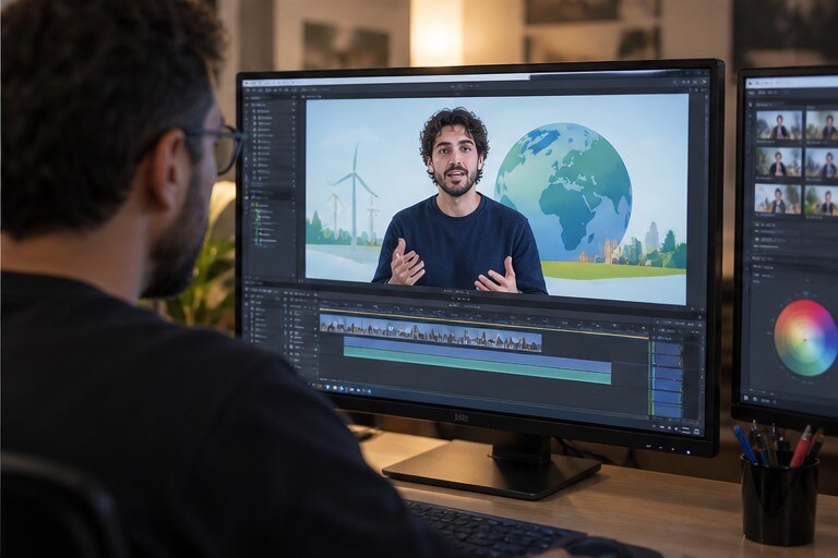 Relatore sovrapposto a una scena grafica in un video didattico