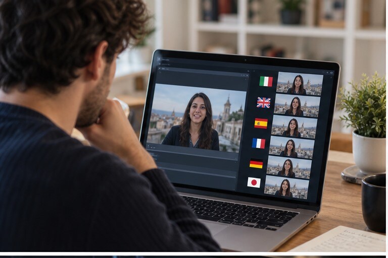 Creator italiano che prepara versioni multilingue di un video sul laptop