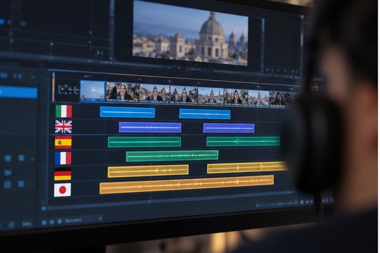 Timeline con sottotitoli in italiano e in una lingua straniera durante la localizzazione