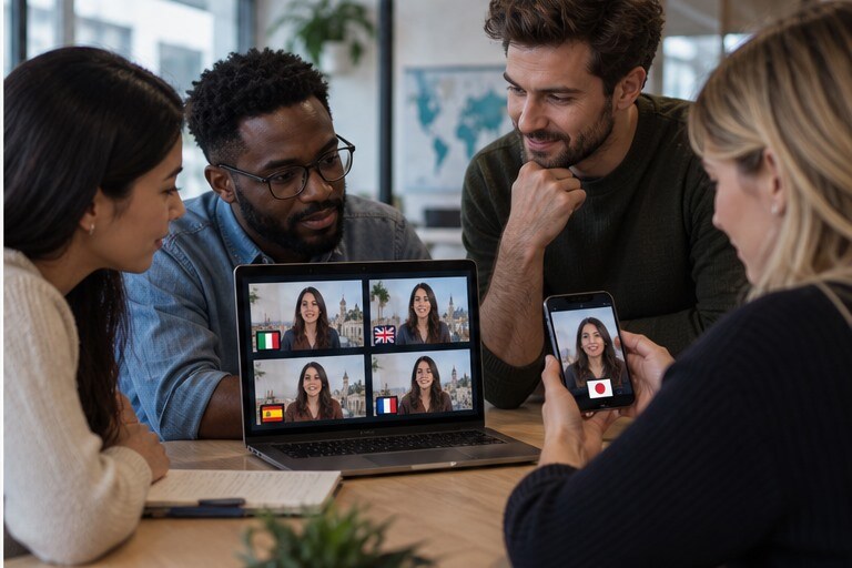Team internazionale che rivede più versioni video su laptop e smartphone