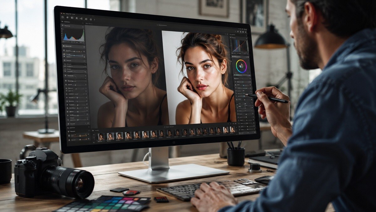 Confronto prima e dopo durante il miglioramento AI di una fotografia in studio