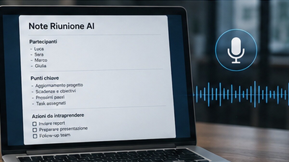 Riunione di lavoro con trascrizione automatica, note e action item generate da AI