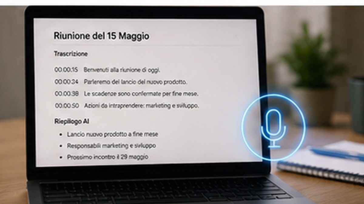 Revisione di un verbale AI con decisioni, action item e attribuzione degli speaker