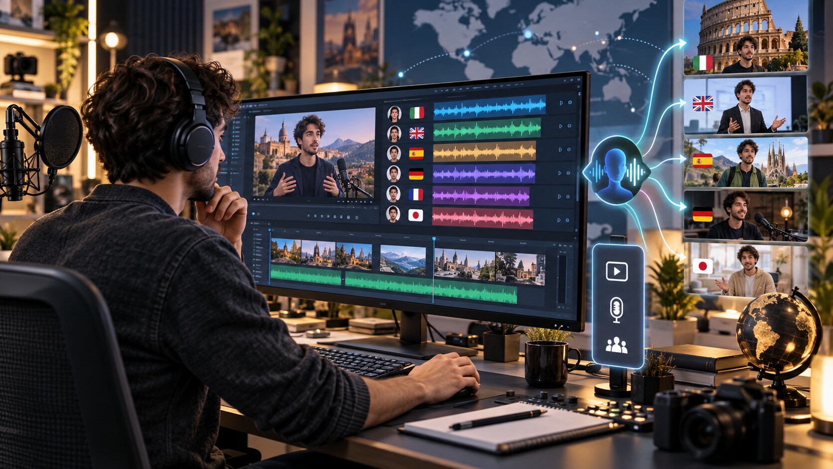 Editor video con voiceover AI sottotitoli e traccia musicale