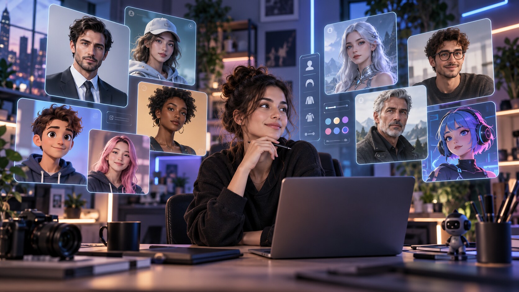 Persona che confronta diversi avatar AI su laptop e smartphone