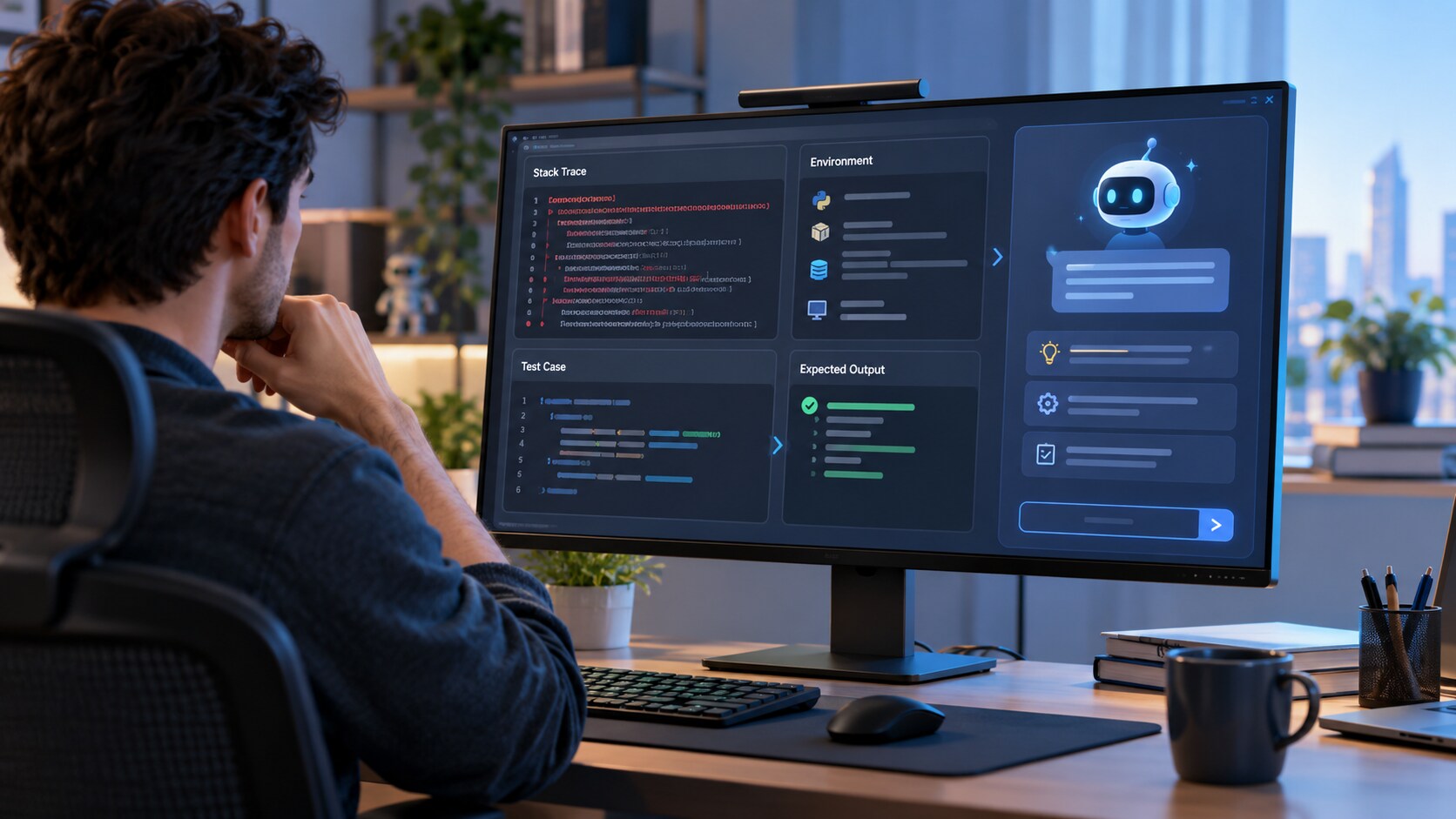 Sviluppatore che analizza stack trace e log con assistente AI