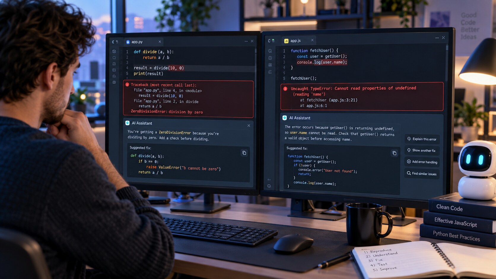 Esempio di debug AI con errore Python e JavaScript affiancati
