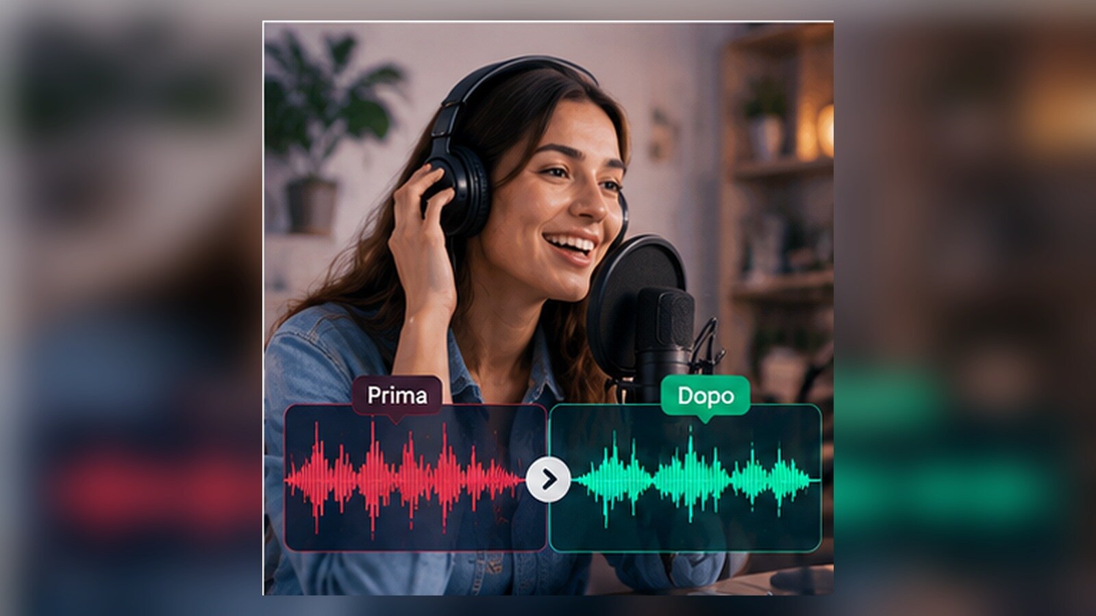 Forma d onda audio prima e dopo la rimozione del rumore con AI