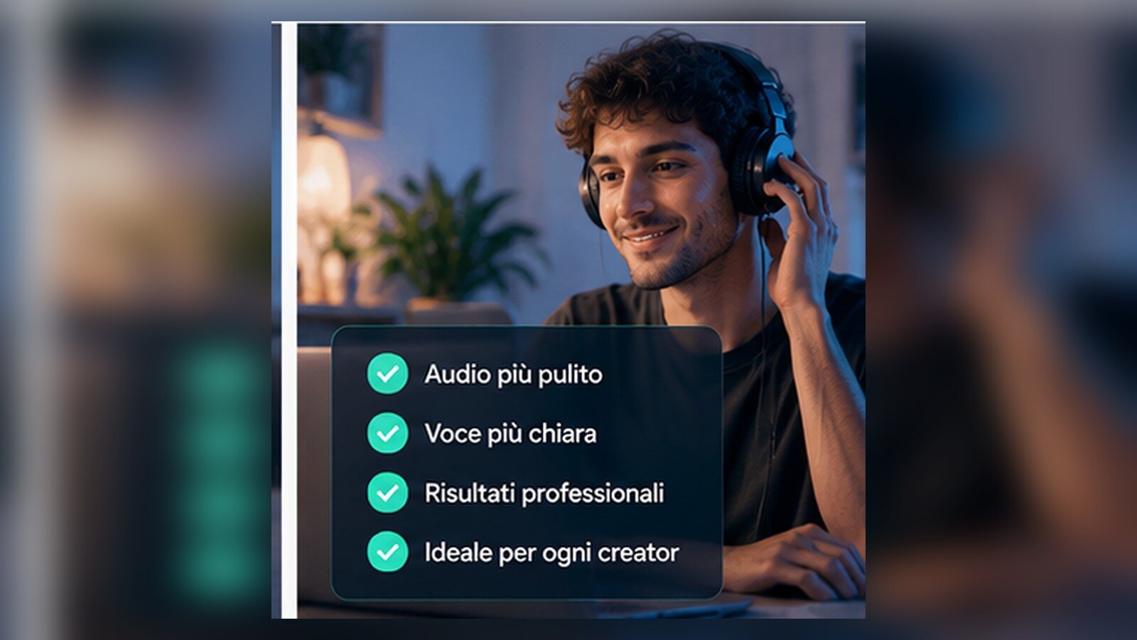 Creator che pulisce una registrazione audio e verifica il risultato in cuffia