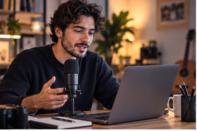 Creator italiano che prepara una voce narrante AI in uno studio video