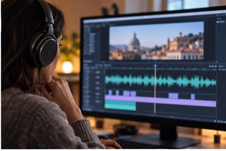 Editor che controlla pronuncia e pause di una voce AI su una timeline
