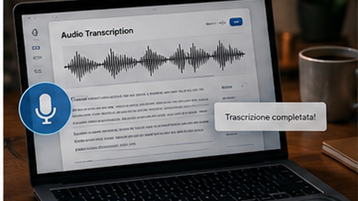 Interfaccia di trascrizione audio AI con forma d onda e testo sincronizzato