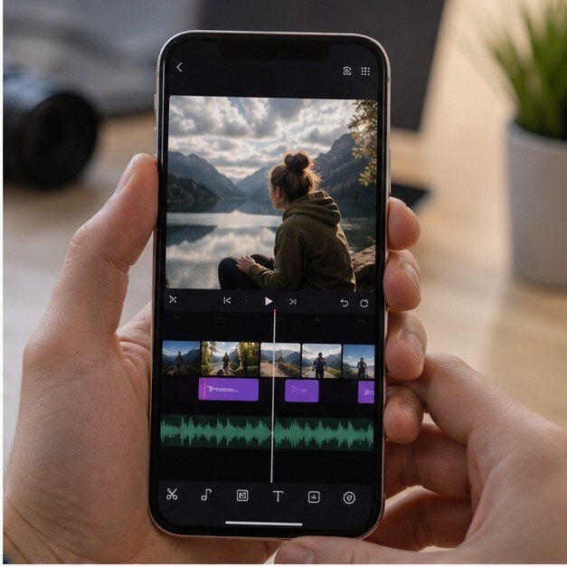 Montaggio mobile con timeline, caption e filtri su telefono moderno