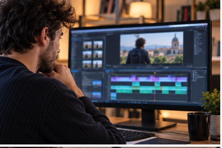 Editor italiano che lavora su una timeline con funzioni AI