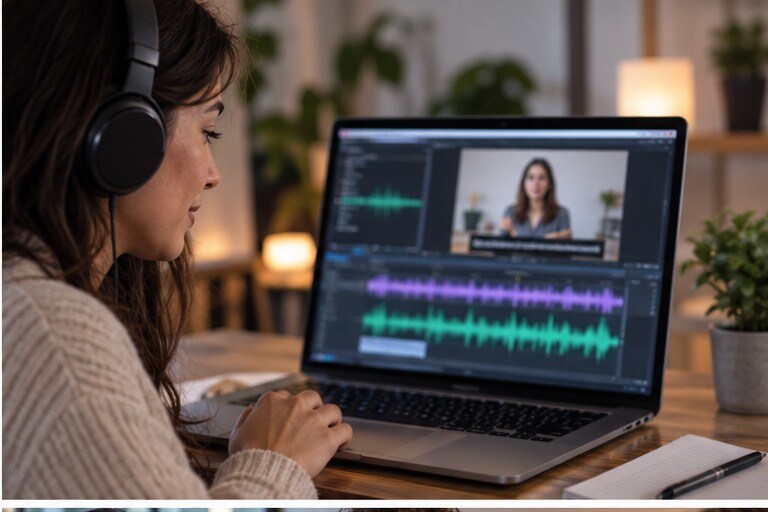 Creator che controlla sottotitoli automatici e audio di un video