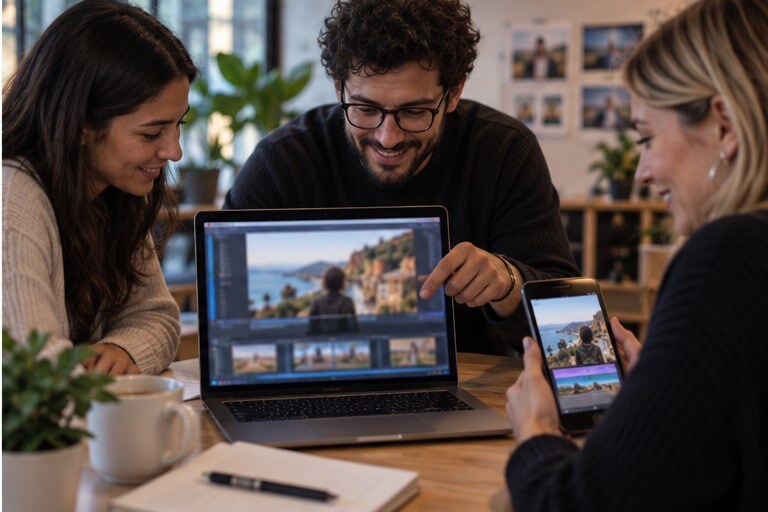 Team che approva un video AI su laptop e smartphone