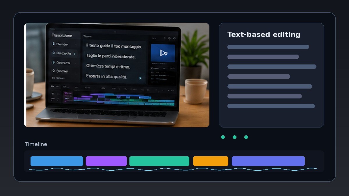 Editor video basato sul testo con transcript e timeline