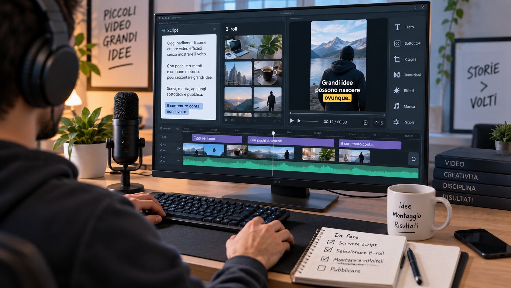 Creator che costruisce un video faceless con script, TTS, B-roll e sottotitoli