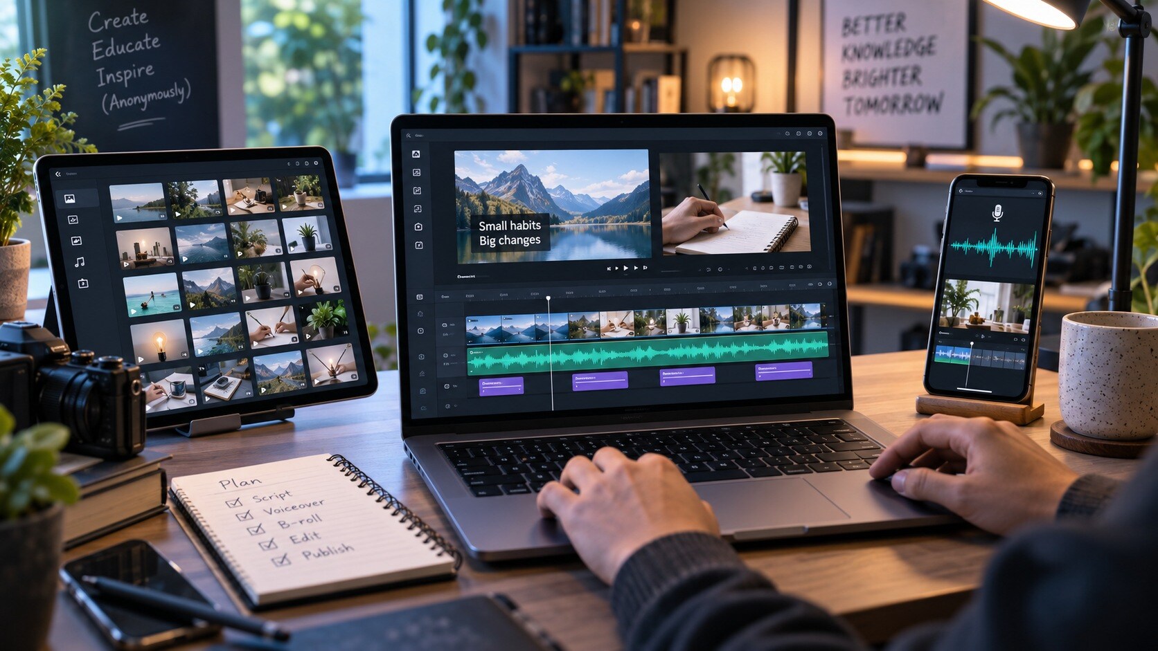 Canale YouTube faceless con B-roll, voce AI, sottotitoli e montaggio coerente