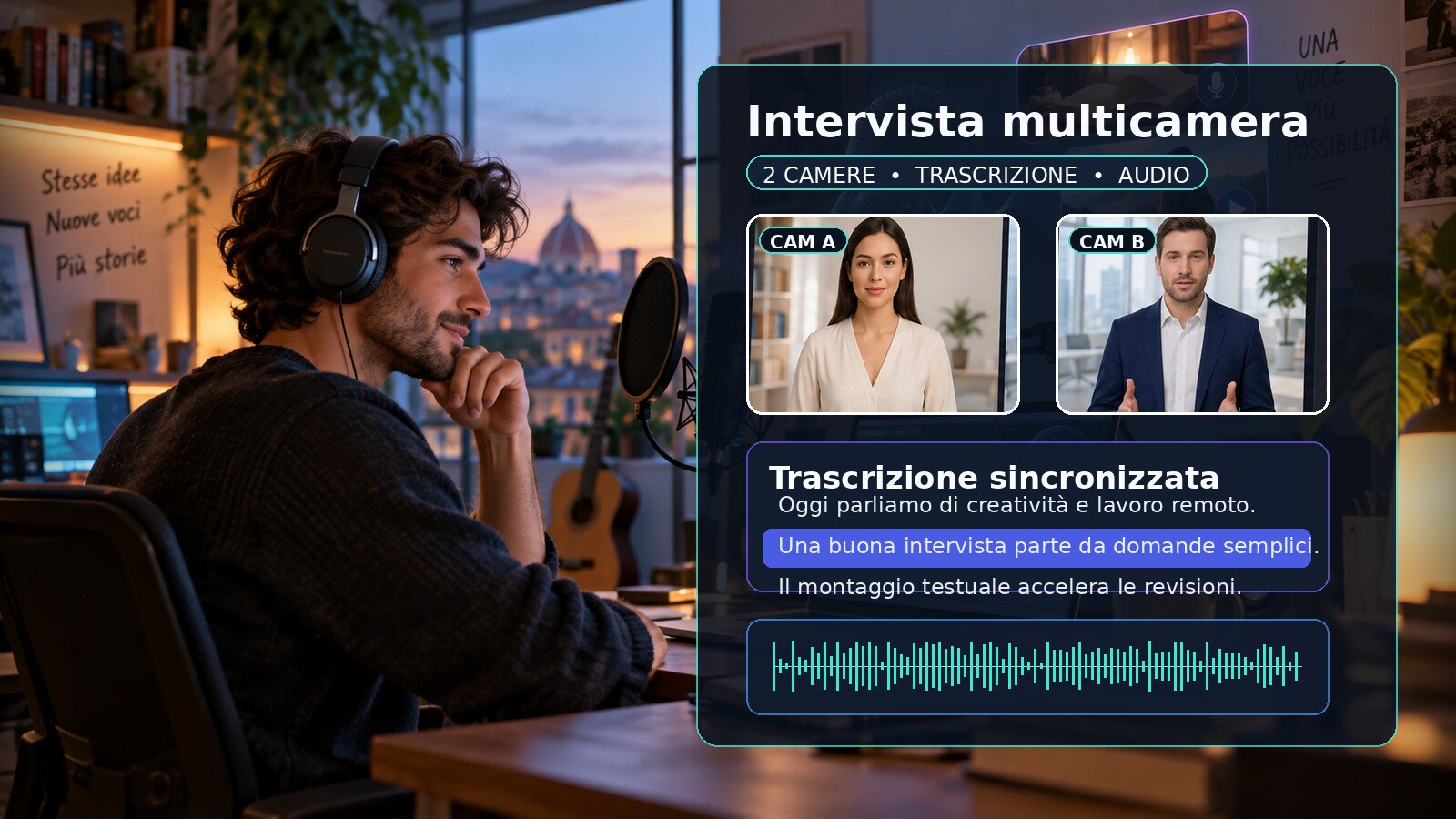 Editor video per interviste con due camere trascrizione e waveform