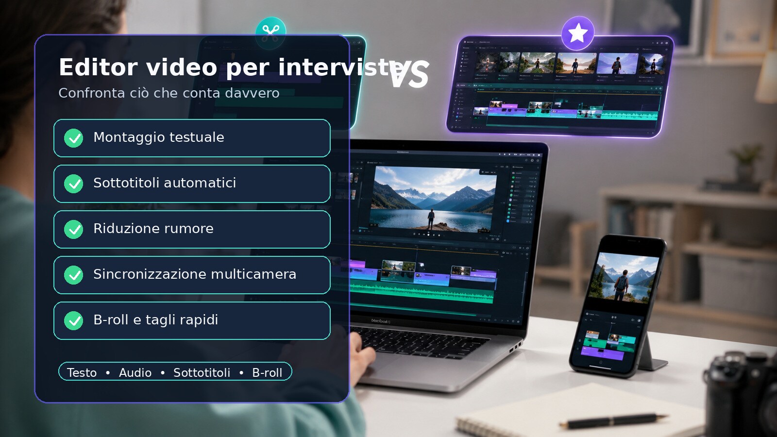 Confronto editor video per interviste con trascrizione sottotitoli e riduzione rumore