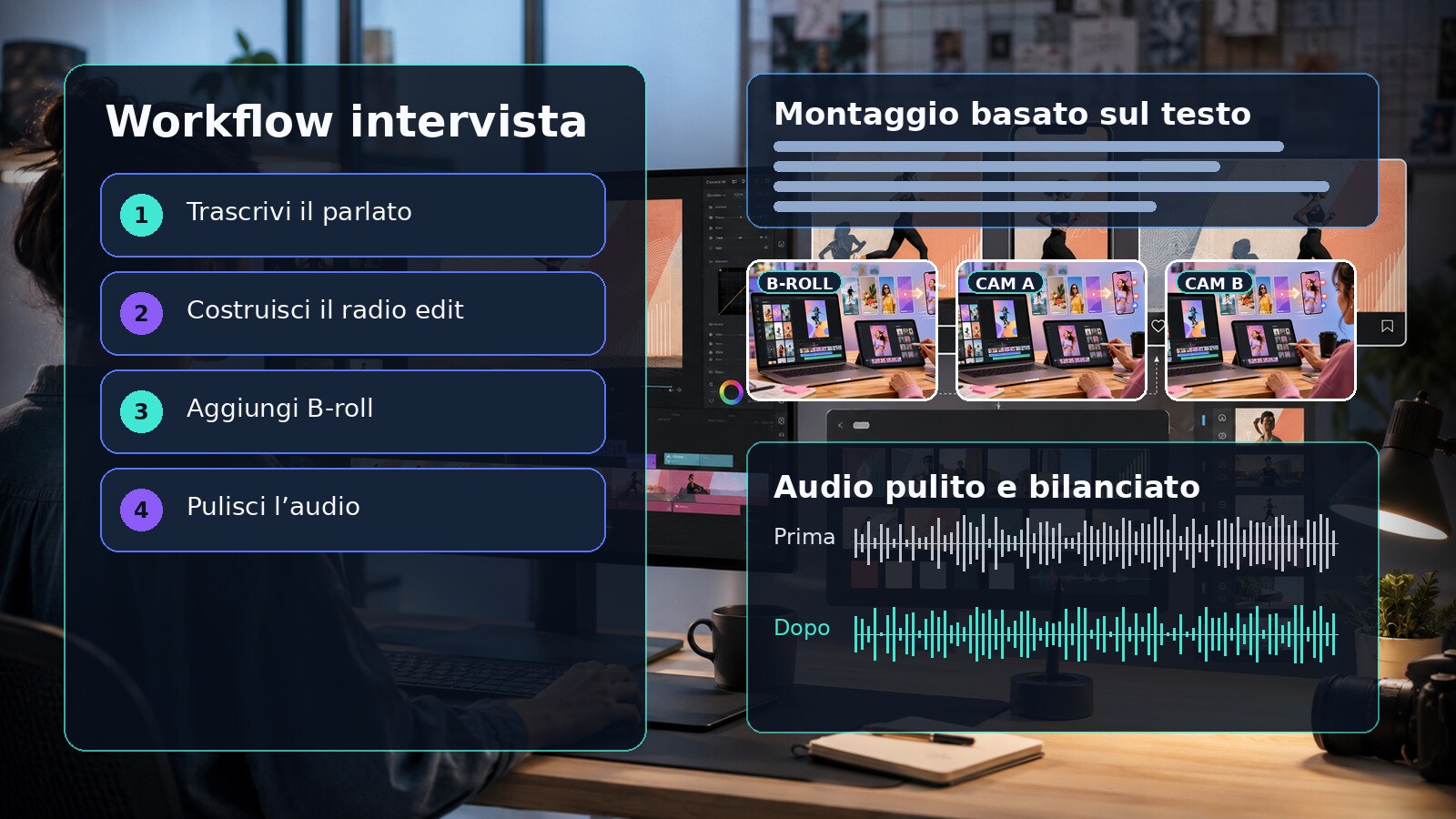 Montaggio di intervista in Filmora con trascrizione B-roll e audio pulito
