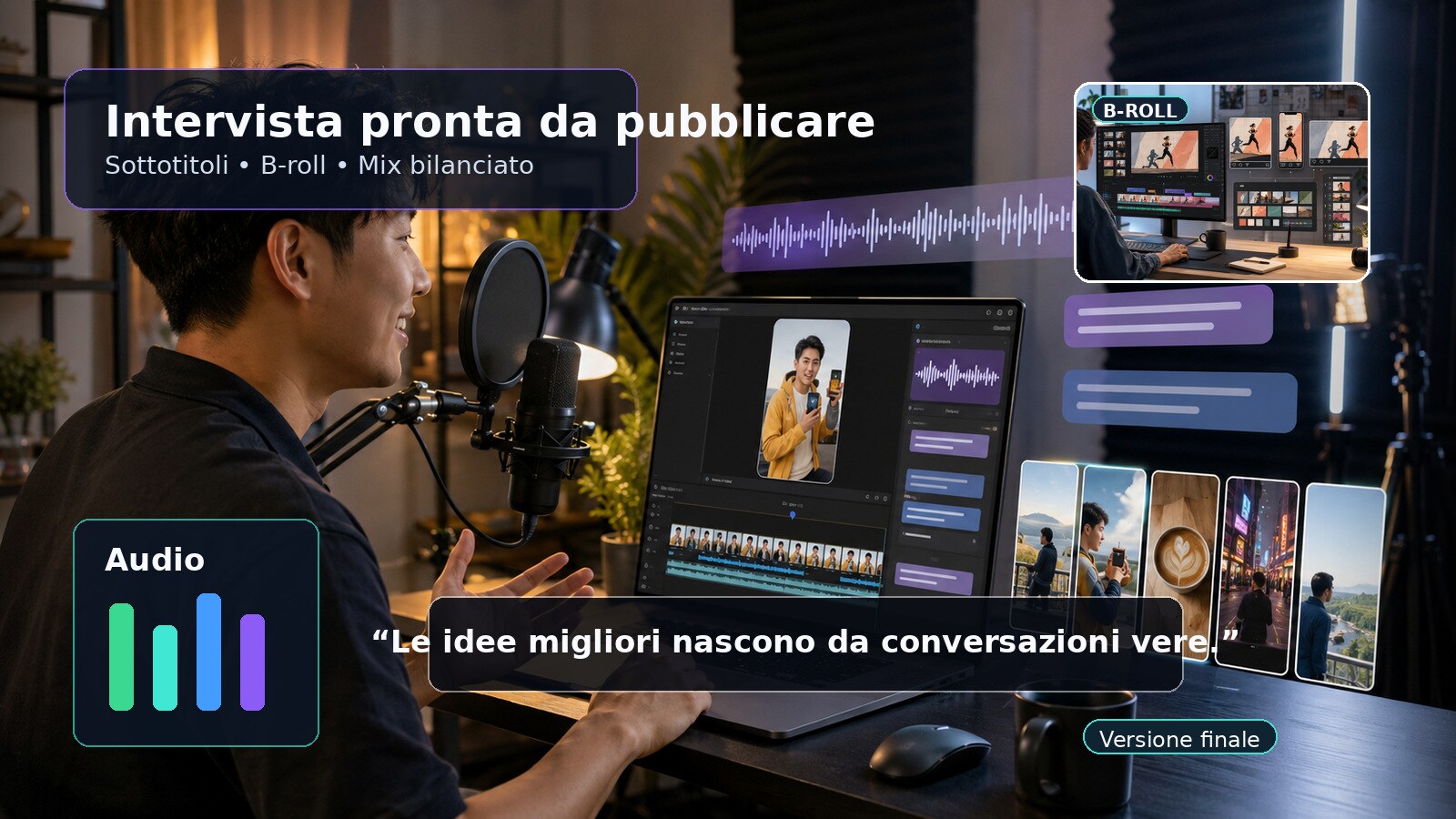 Intervista finale con sottotitoli B-roll e mix audio bilanciato