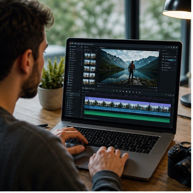 Team che monta video online da browser su laptop moderni