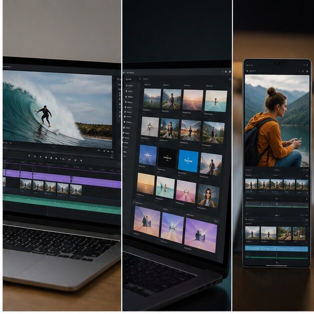 Confronto realistico tra editor browser con timeline, template e clip social