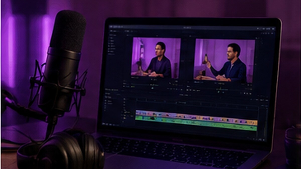 Podcast studio con timeline video multicamera