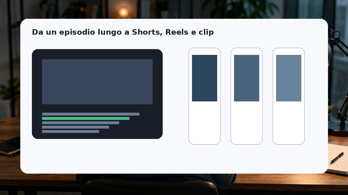 Workflow di un episodio podcast trasformato in video e clip social