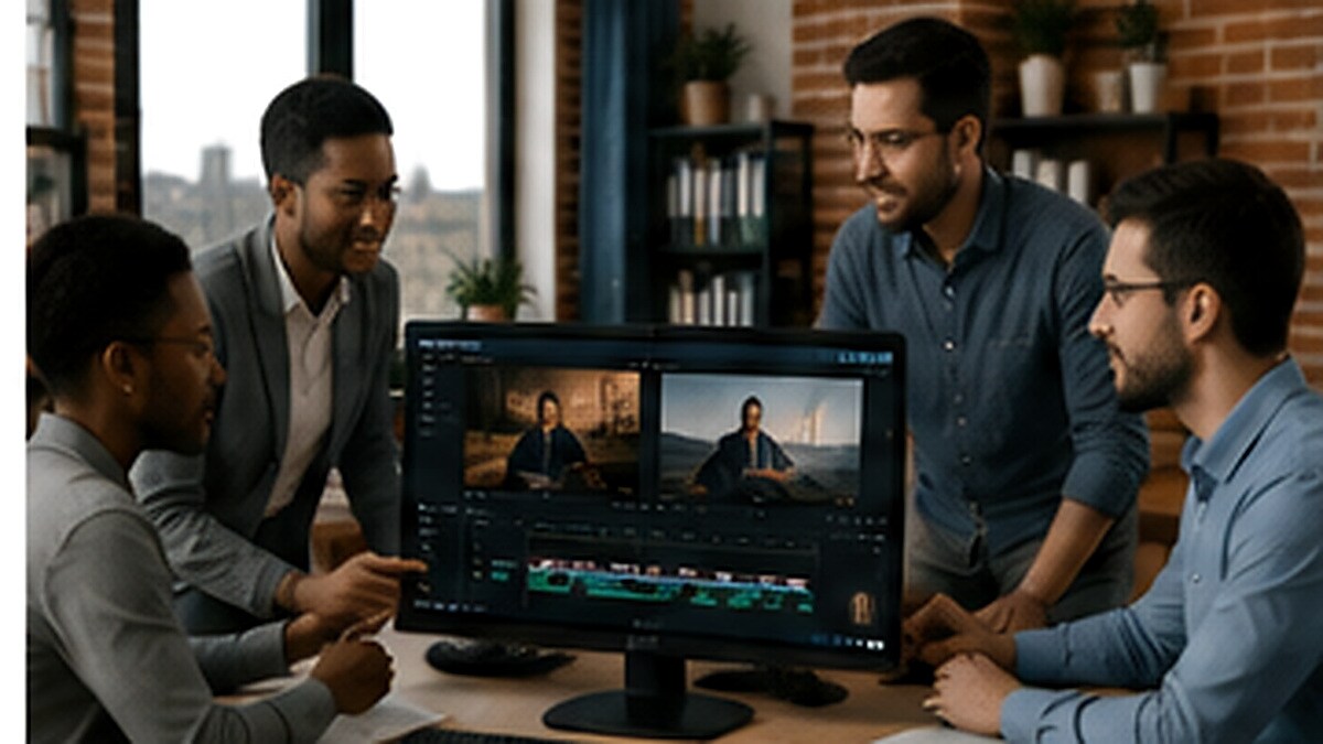 Team marketing che collabora su video e brand asset