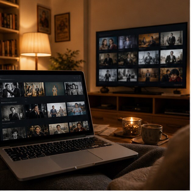 Schermo con sezione film gratuita di una piattaforma pubblica italiana e serata cinema in casa