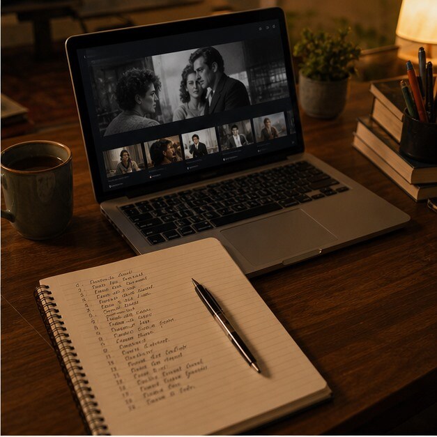 Taccuino con watchlist di film RaiPlay e laptop aperto su catalogo streaming