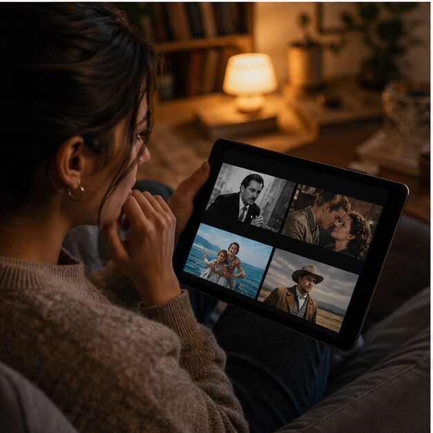 Spettatore che sceglie tra commedia, dramma e film d'autore su un servizio streaming gratuito