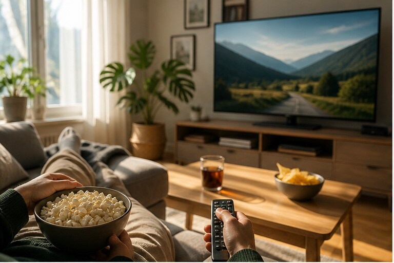 Weekend movie night con smart TV, snack e atmosfera da sabato sera