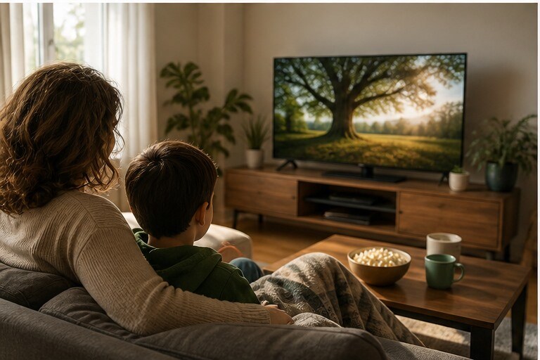 Soggiorno con luce piu bassa e atmosfera da thriller o disaster per la notte