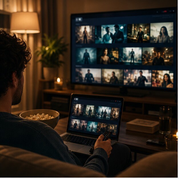 Smart TV e laptop con watchlist di film gratis su YouTube in un soggiorno serale