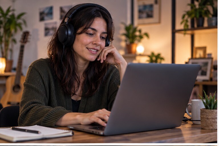 Creator italiano che sceglie una traccia musicale AI per un video