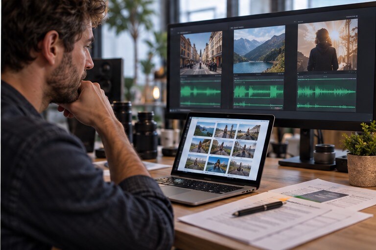 Editor che controlla licenza e versioni di una traccia per un video commerciale