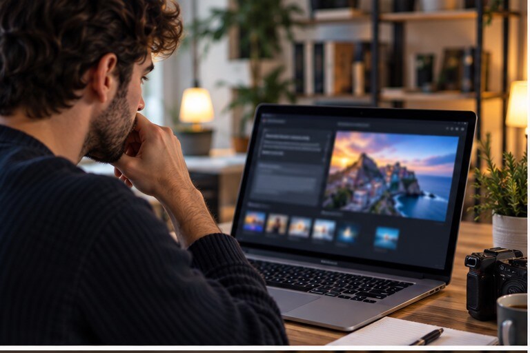 Creator che testa un generatore video AI da testo in uno studio