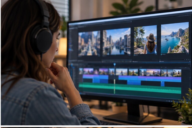 Editor che confronta clip AI diverse su una timeline