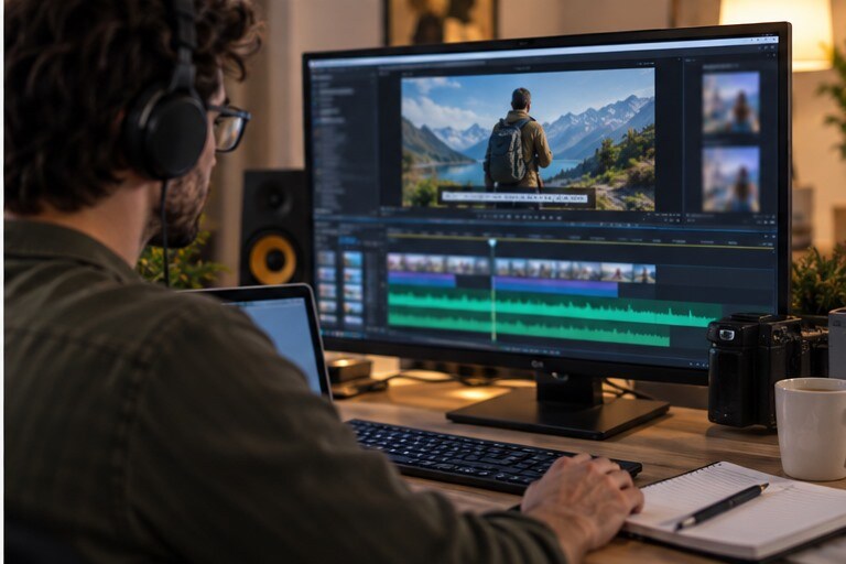 Videomaker che rifinisce una clip AI con voce sottotitoli e musica