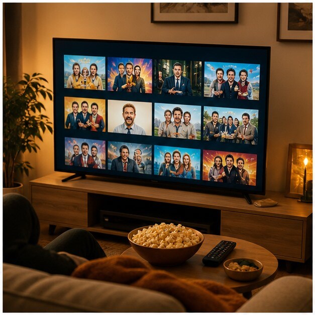 Salotto con smart TV e selezione di commedie italiane e internazionali